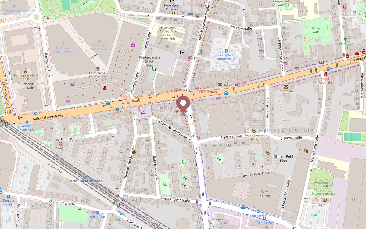 Kartenausschnitt Köln-Kalk mit der Lage der Praxis Dr. Svetlana Tcherniak, Rolshover Str. 4-6